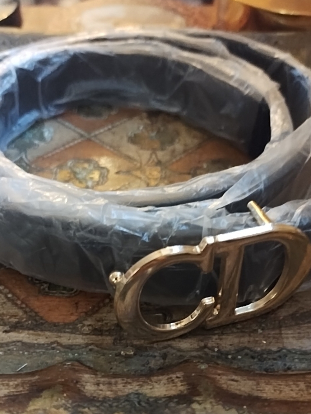 Black Faux Leather Belt with Gold Double-Loop Buckle CD Initials